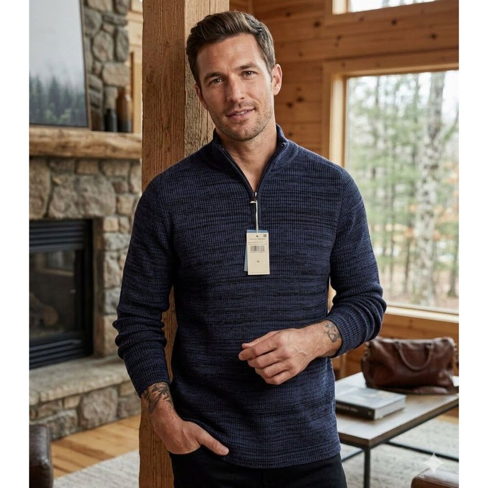 Vince Camuto Sweater Mens XL Navy Black Melange 1/4 Zip Mock Neck Cotton Blend